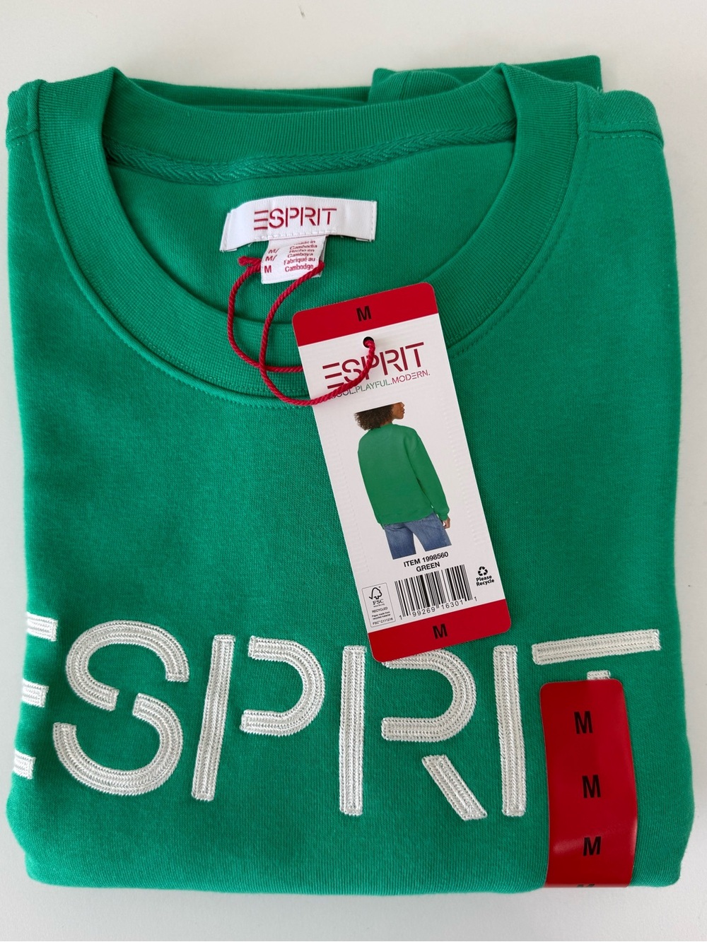 NWT Esprit Logo Fleece Crewneck Sweatshirt Embroidered 80s Viral Costco Green M